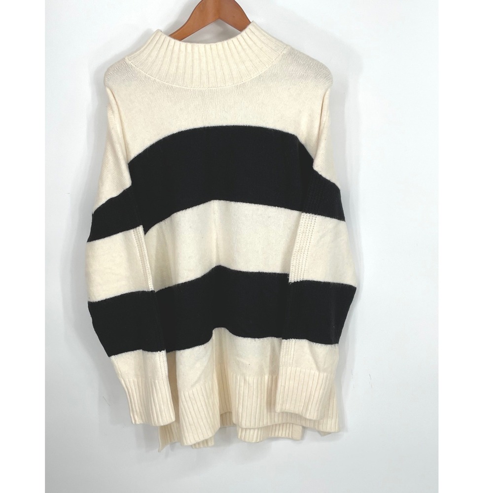 NWT LOFT Womens Sweater XL Pullover Tunic Cream Black Striped Mock Neck Knit